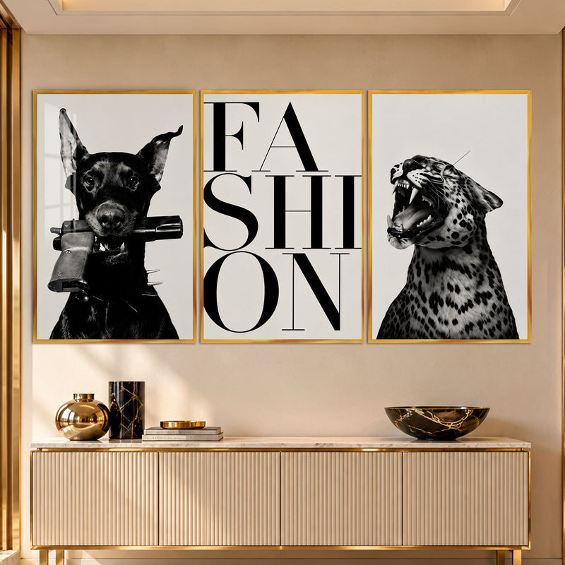 Fashion Yazılı Dobermann ve Leopar Üçlü Cam Tablo – Altın Çerçeveli