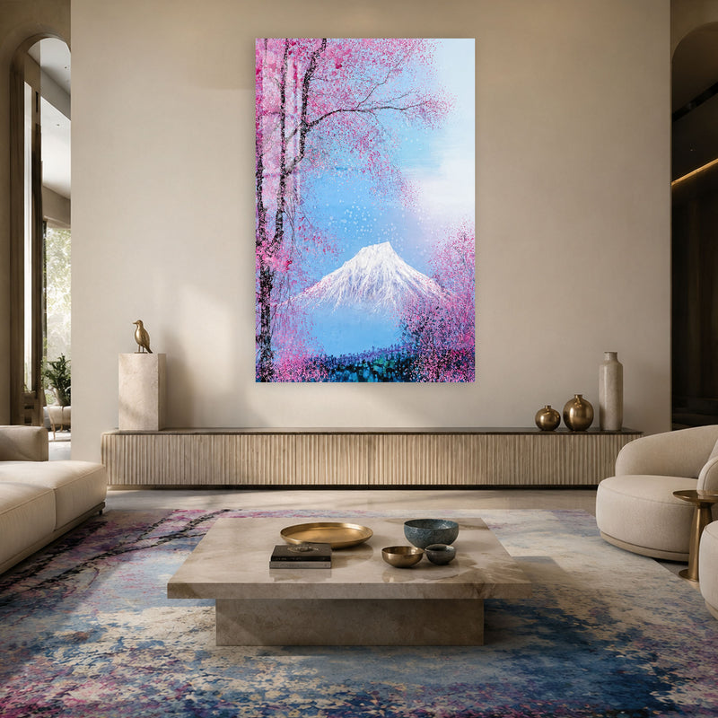 Fuji Dağı ve Sakura Ağaçları Cam Tablo – Cam Tablo
