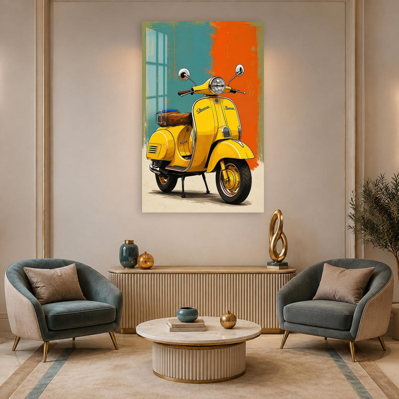 Turkuaz Turuncu Zeminde Sarı Vespa Cam Tablo – Cam Tablo