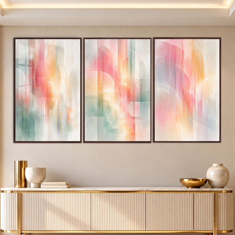 Pastel Akuarel Kemer Üçlü Cam Tablo – Ceviz Çerçeveli