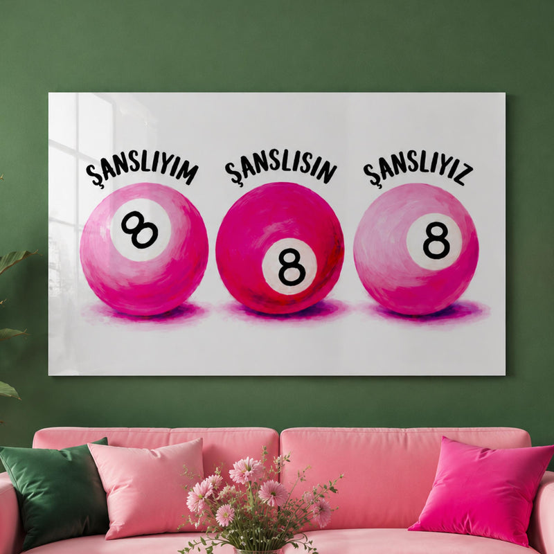 Pembe Bilardo Toplarında Şans Cam Tablo – Cam Tablo
