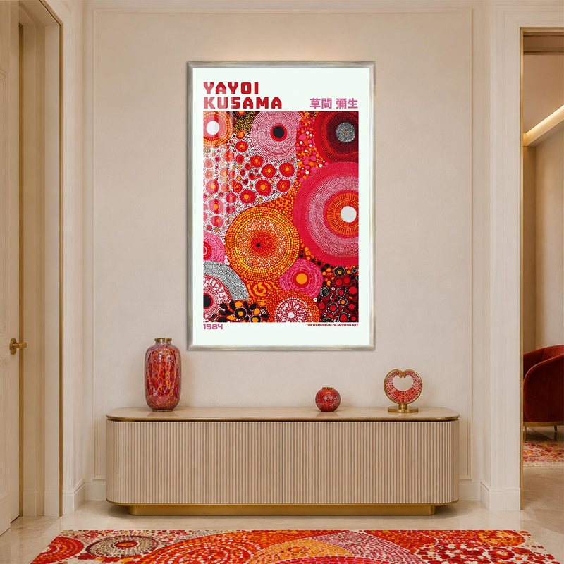 Kırmızı Turuncu Nokta Halkaları Cam Tablo – Gümüş Çerçeveli Cam Tablo