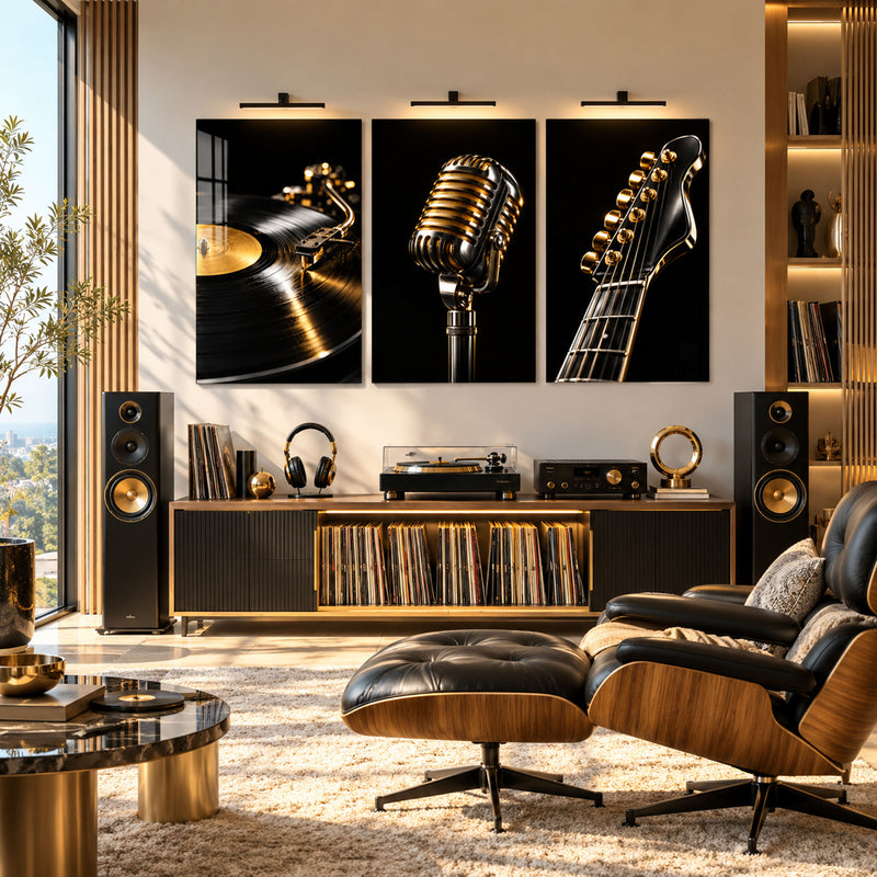 Plak, Mikrofon ve Gitar Üçlü Cam Tablo