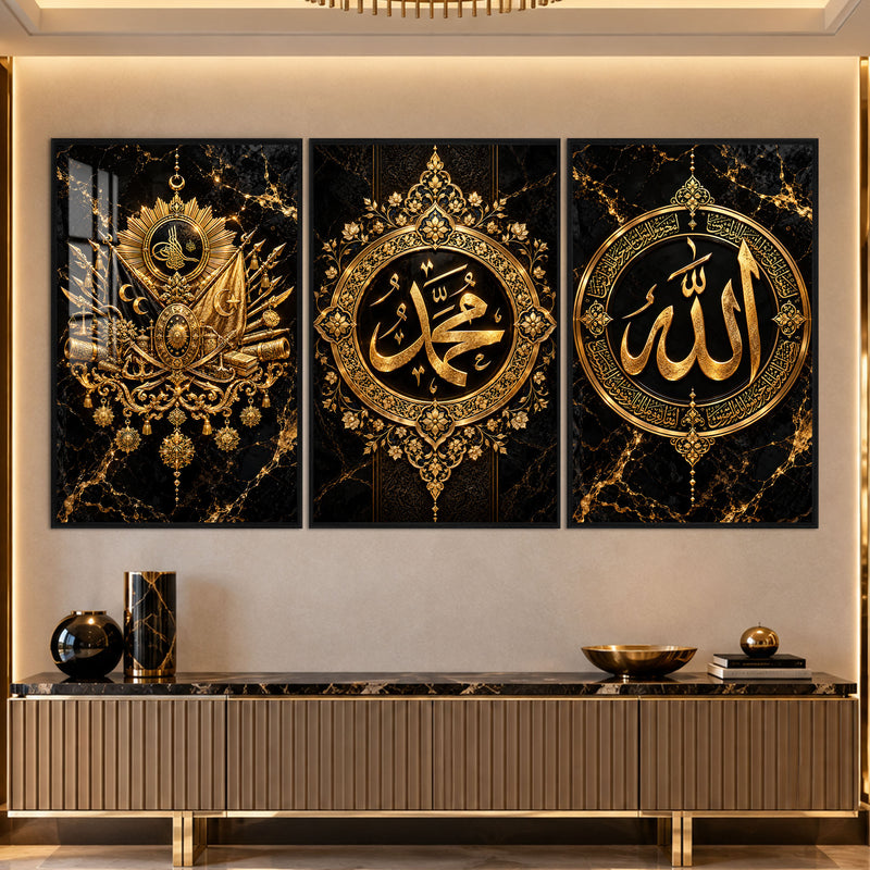 Altın Allah Muhammed Hat Üçlüsü Üçlü Cam Tablo – Siyah Çerçeveli
