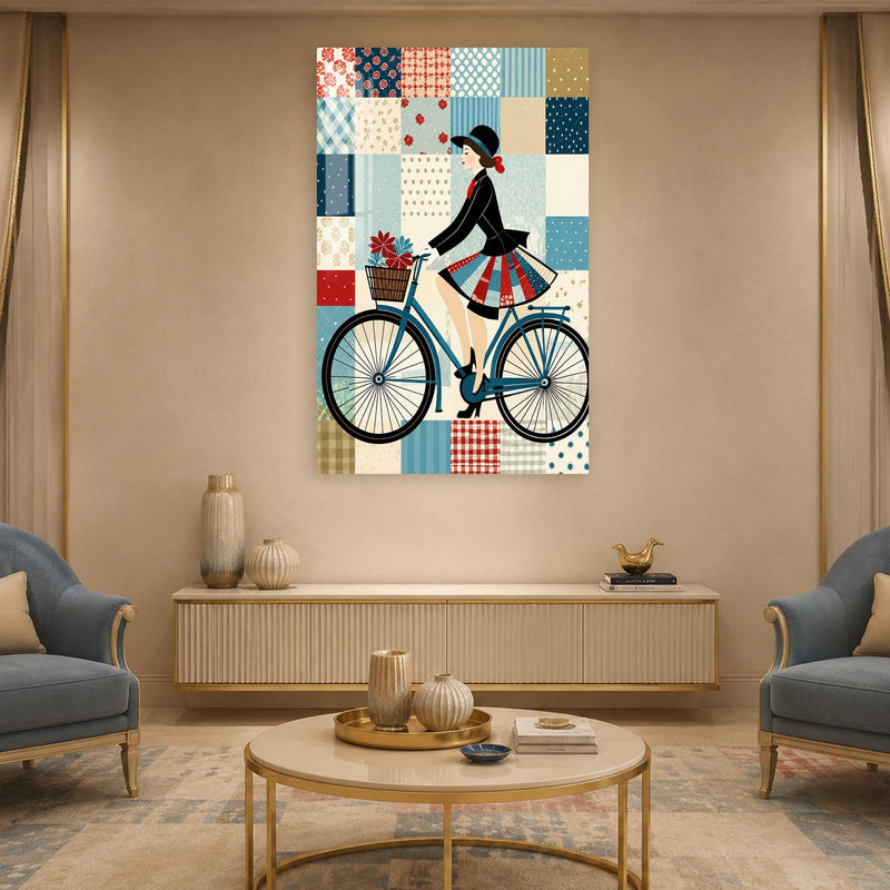 Patchwork Desenli Bisikletli Kadın Cam Tablo – Cam Tablo