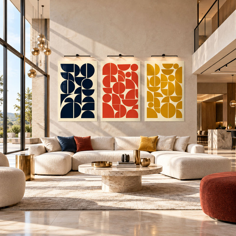 Lacivert Kırmızı Sarı Bauhaus Üçlü Cam Tablo