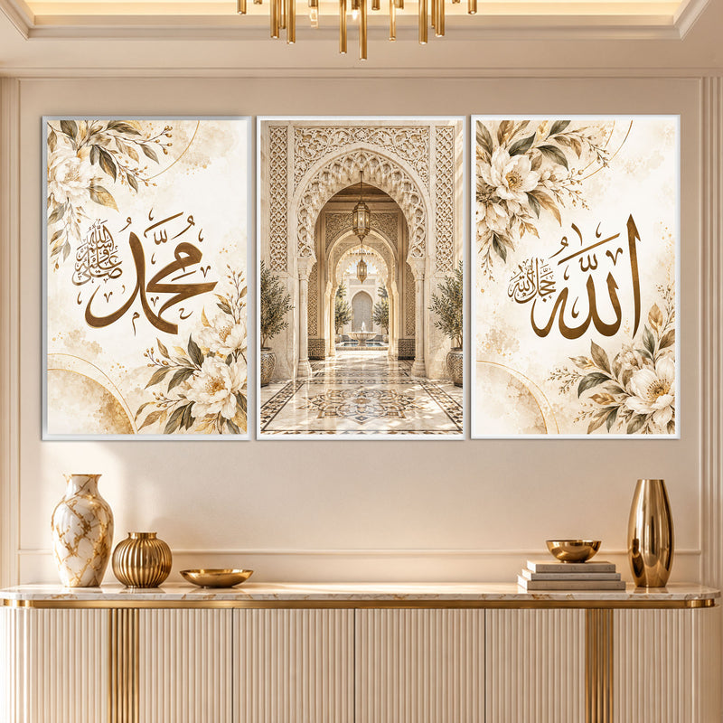 Allah Muhammed Çiçekli Hat Üçlü Cam Tablo – Beyaz Çerçeveli