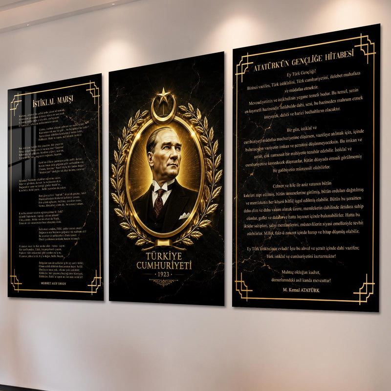 Atatürk Köşesi Üçlü Cam Tablo Seti — Cumhuriyet 1923 Altın Amblem