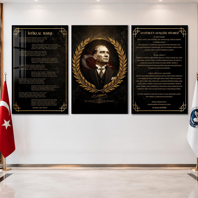 Atatürk Köşesi Üçlü Cam Tablo Seti — Zafer Çelenkli Altın