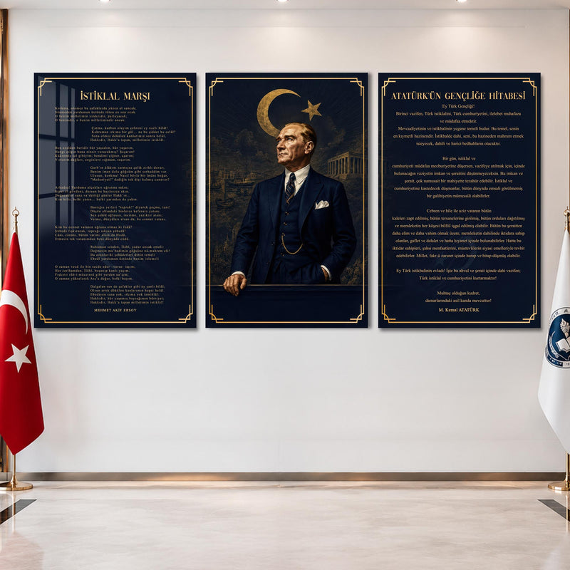 Atatürk Köşesi Üçlü Cam Tablo Seti — Lacivert İstanbul Silueti