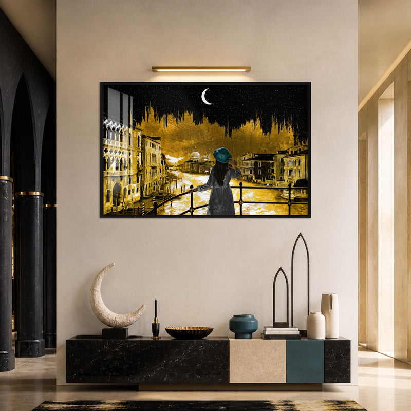 Venedik Gecesinde Kadın Cam Tablo – Siyah Çerçeveli Cam Tablo