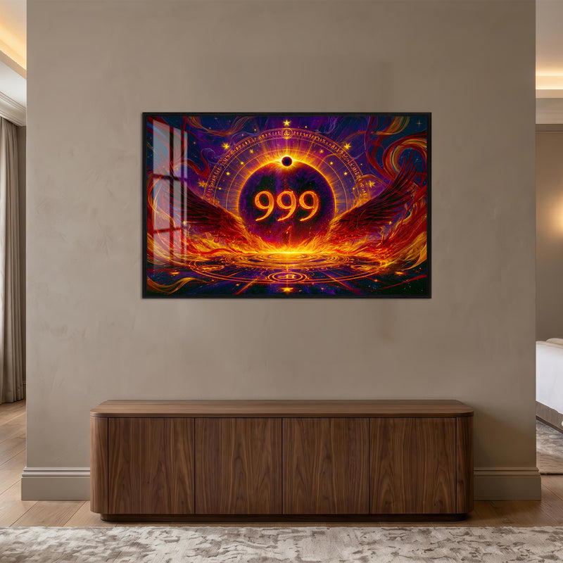 Tutulma Kanatlarında 999 Cam Tablo – Siyah Çerçeveli Cam Tablo