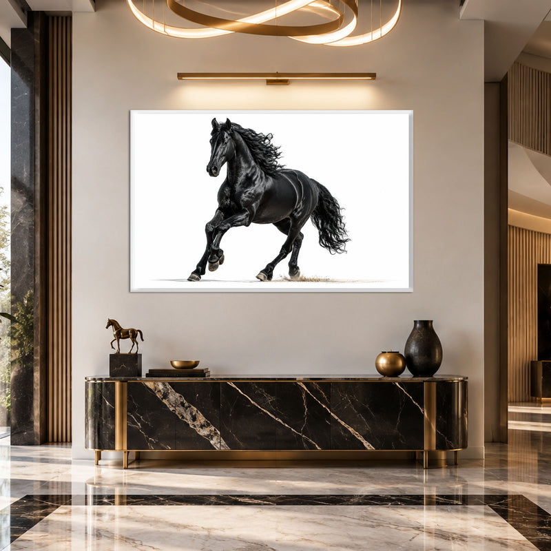 Beyaz Fonda Siyah At Cam Tablo – Beyaz Çerçeveli Cam Tablo