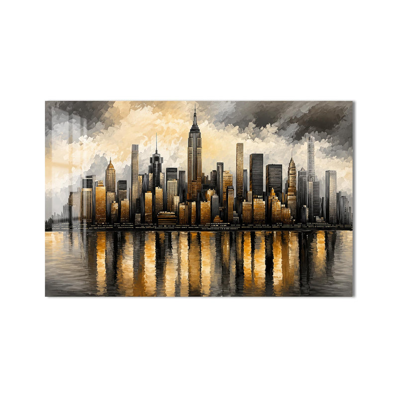 New York Gece Empire State Altın Cam Tablo – Cam Tablo