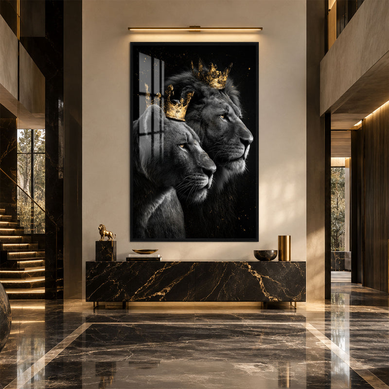 Taçlı Aslan Çifti Cam Tablo – Siyah Çerçeveli Cam Tablo
