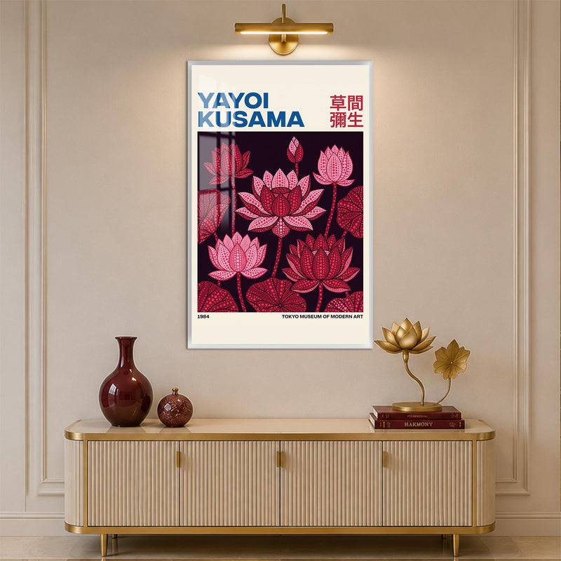 Siyah Gecede Pembe Lotuslar Cam Tablo – Beyaz Çerçeveli Cam Tablo