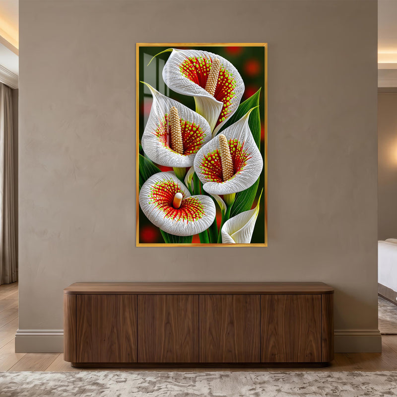 Beyaz Calla Lily Cam Tablo – Altın Çerçeveli Cam Tablo