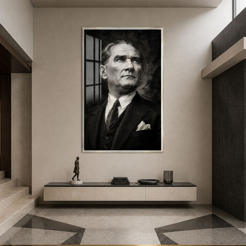 Yukarı Bakan Atatürk Cam Tablo – Gümüş Çerçeveli
