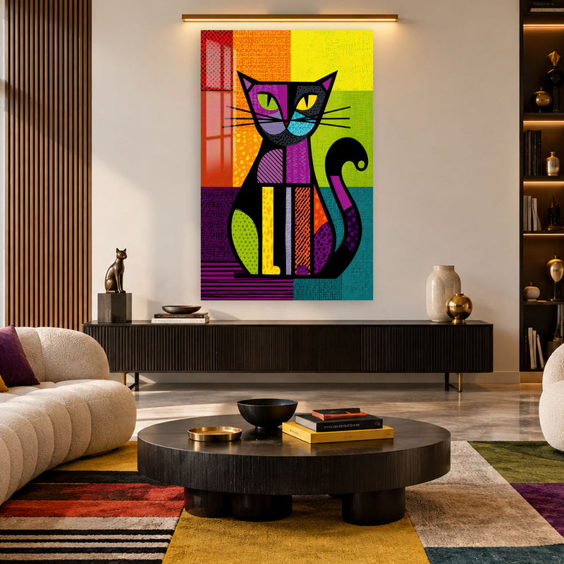 Geometrik Renkli Kedi Cam Tablo – Cam Tablo