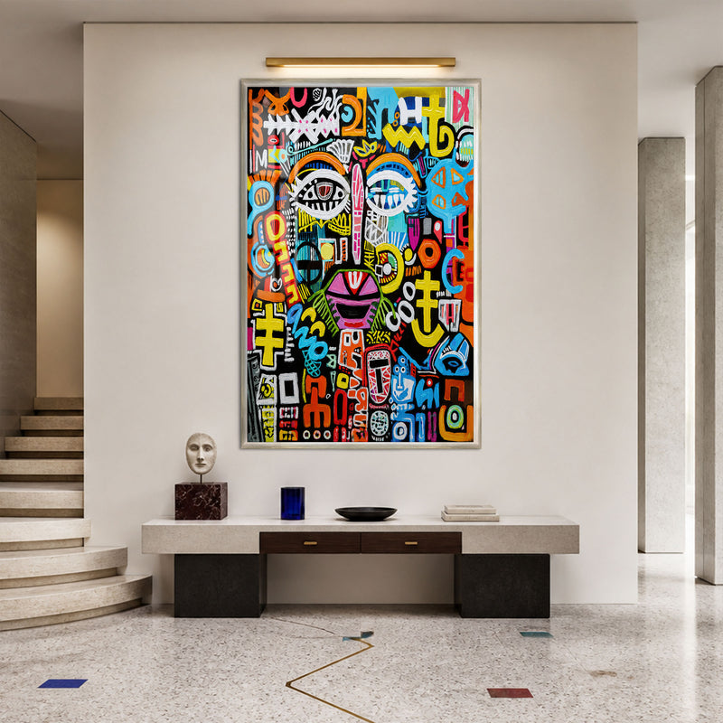 Renkli Grafiti Yüzler Cam Tablo – Gümüş Çerçeveli Cam Tablo
