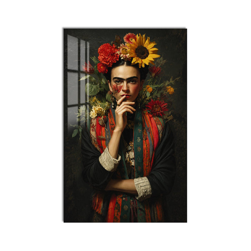 Ayçiçekleriyle Frida Kahlo Portresi Cam Tablo – Cam Tablo