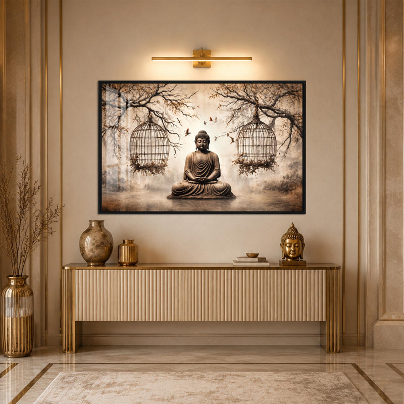 Meditasyon Yapan Buda ve Kuş Kafesleri Cam Tablo – Siyah Çerçeveli Cam Tablo