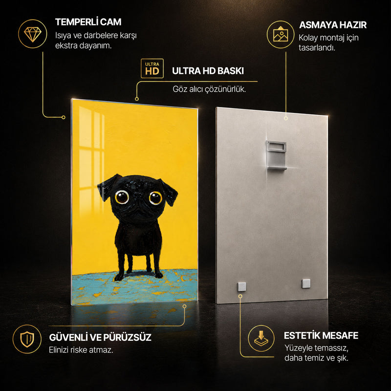 Sarı Fonda Siyah Pug Cam Tablo – Cam Tablo