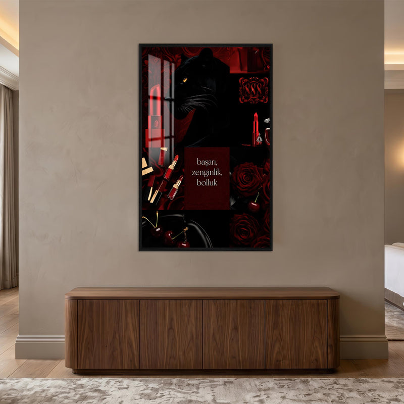 Bordo Panter Bolluk Kolajı Cam Tablo – Siyah Çerçeveli Cam Tablo