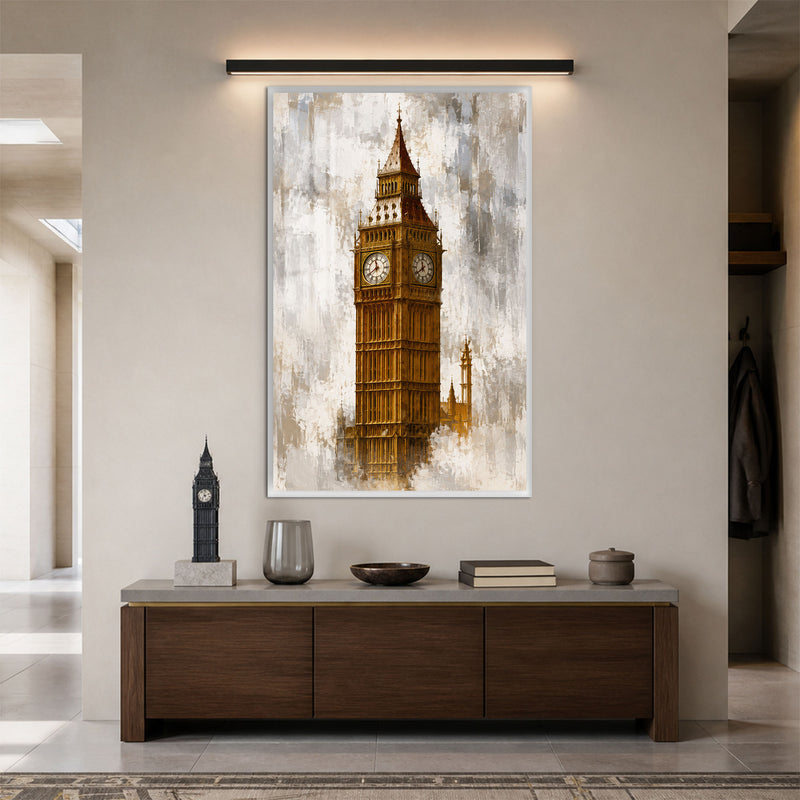 Altın Saatli Londra Kulesi Cam Tablo – Beyaz Çerçeveli Cam Tablo