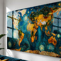 Van Gogh Yıldızlı Gece Dünya Haritası Cam Tablo