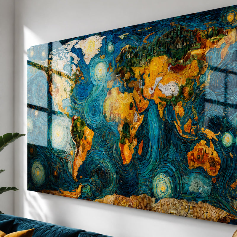Van Gogh Yıldızlı Gece Dünya Haritası Cam Tablo