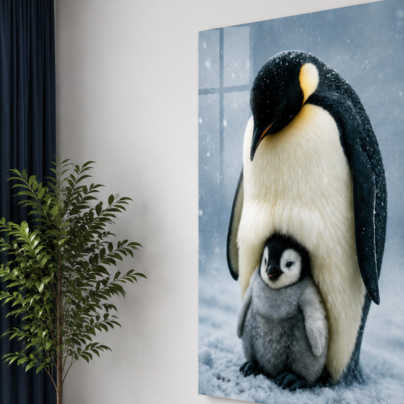 Yavrusunu Koruyan Penguen Cam Tablo – Cam Tablo
